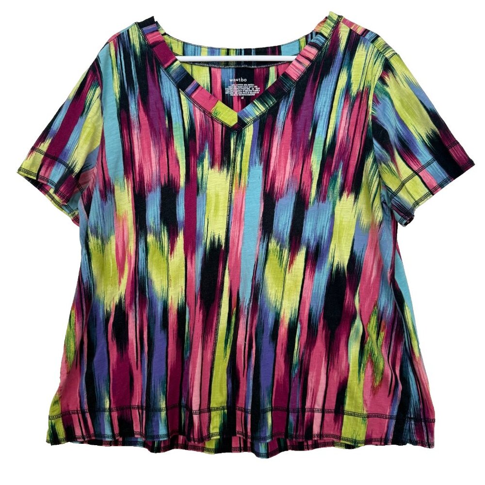 Westbound Ikat Print Top Size XL V-Neck Short Sleeve Vibrant Rainbow Boho Artsy